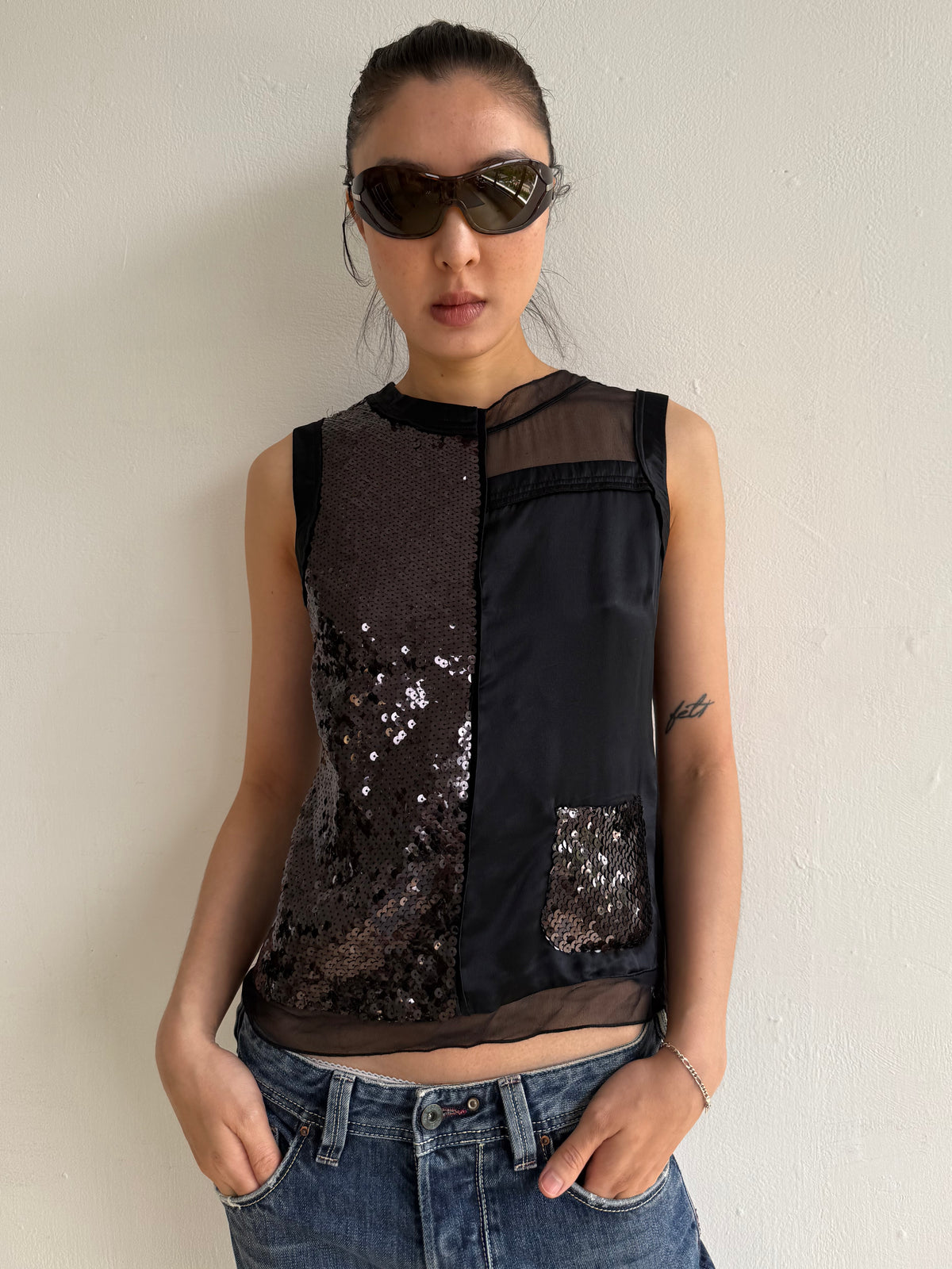 Mixed Material Sequin Vest