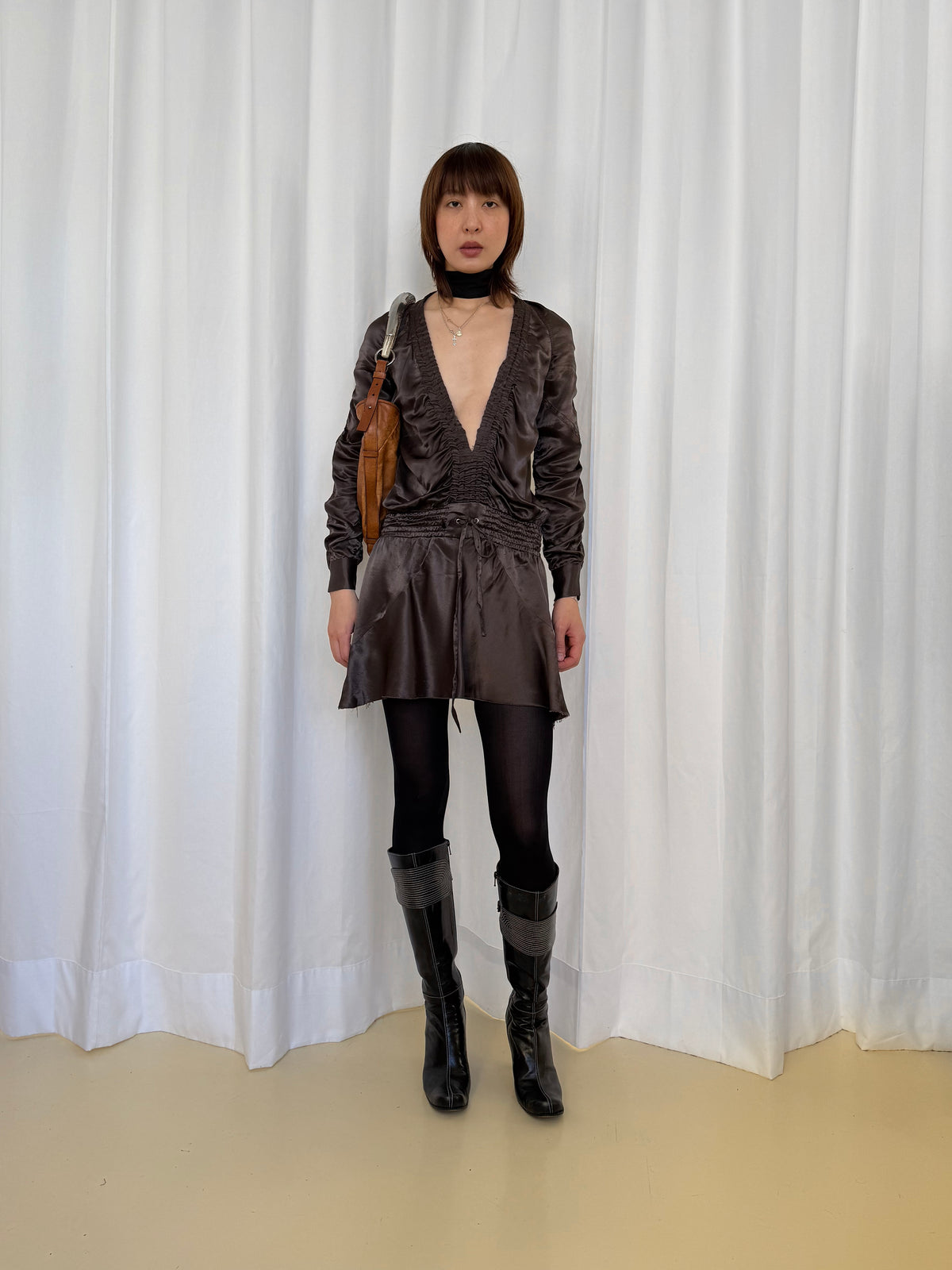 Paola Frani Brown Deep V-Neck Dress