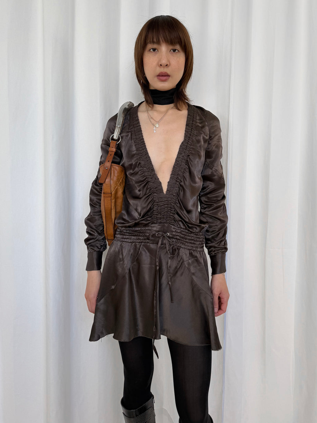 Paola Frani Brown Deep V-Neck Dress