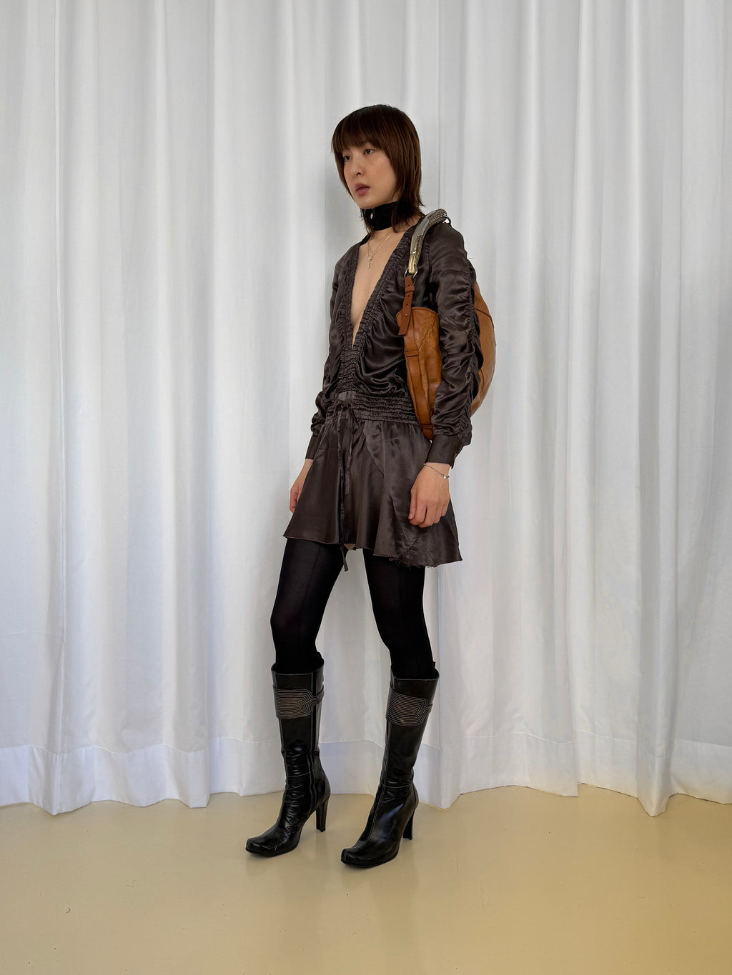 Paola Frani Brown Deep V-Neck Dress