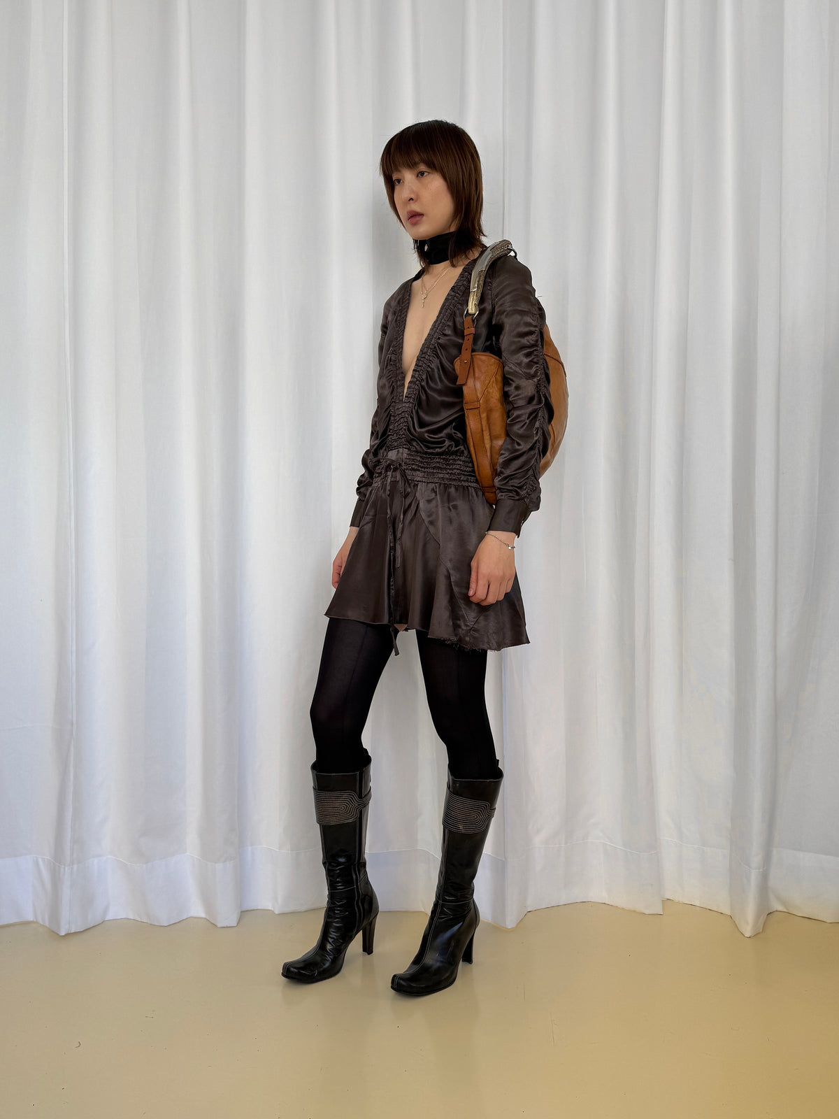 Paola Frani Brown Deep V-Neck Dress