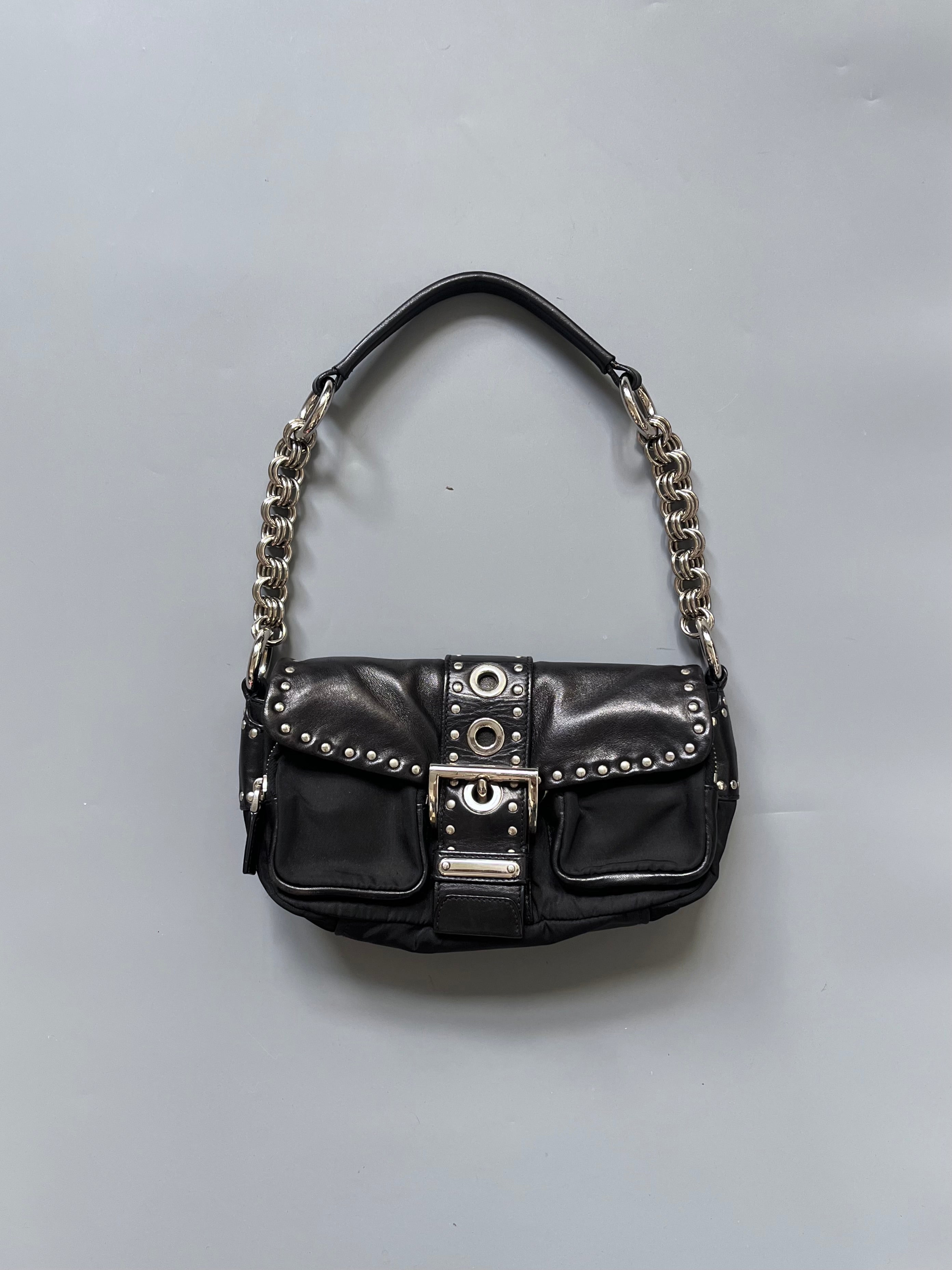 Prada Black Studded Leather/Nylon Shoulder Bag
