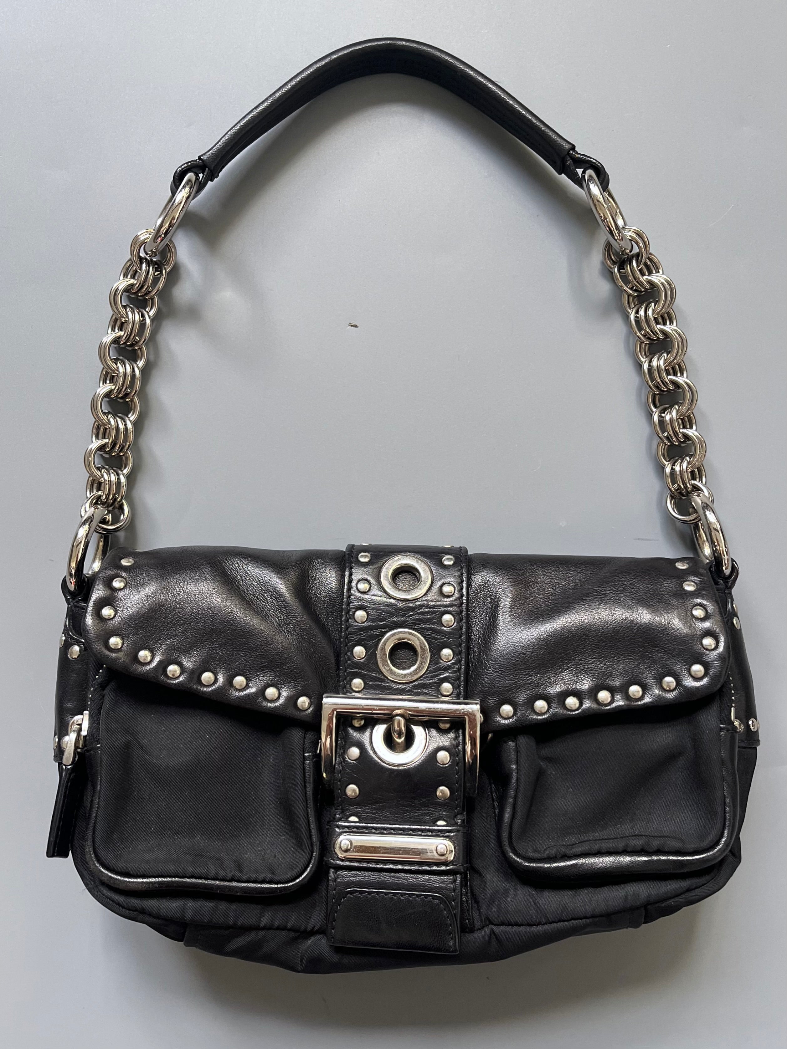 Prada Black Studded Leather/Nylon Shoulder Bag