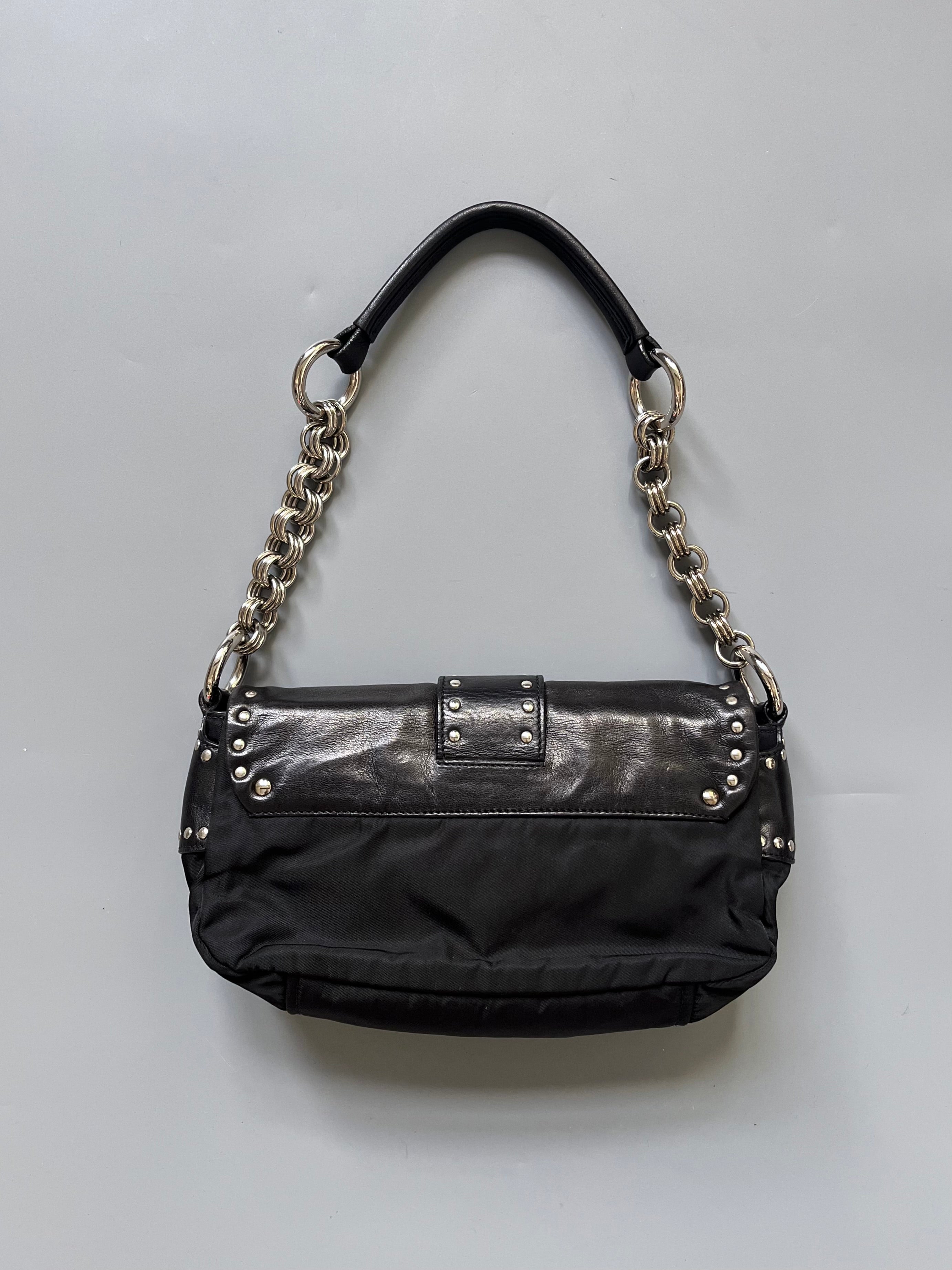 Prada Black Studded Leather/Nylon Shoulder Bag