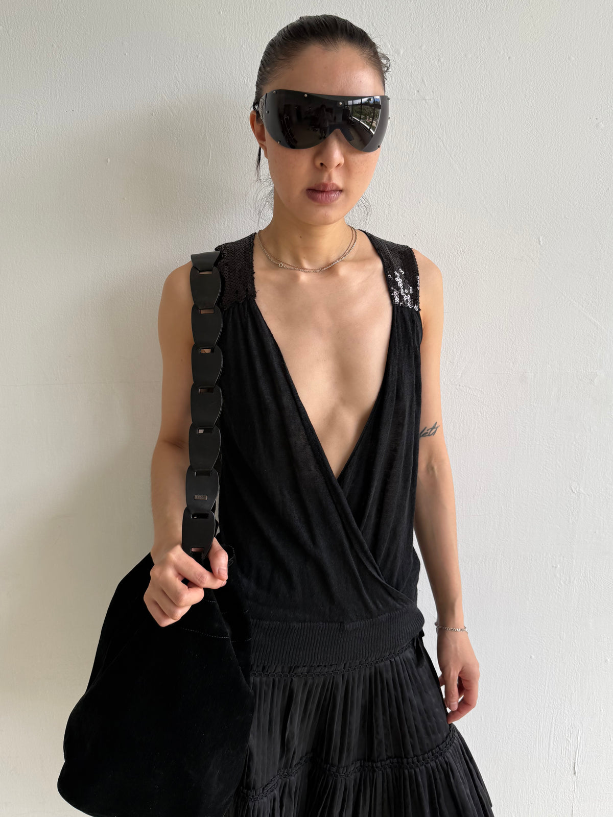 Black Crossover Sequin Top