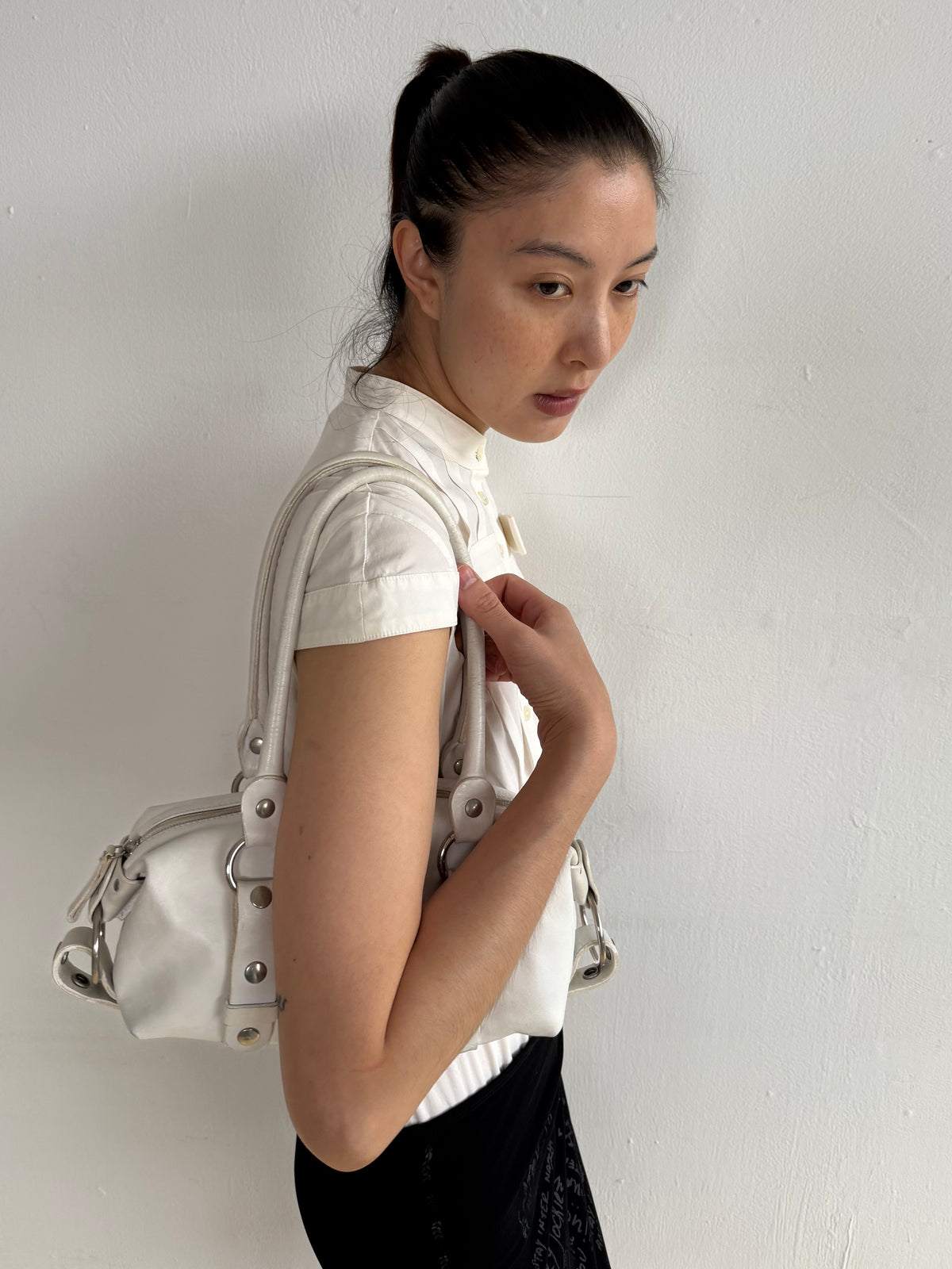 White Studded Leather Shoulder Bag