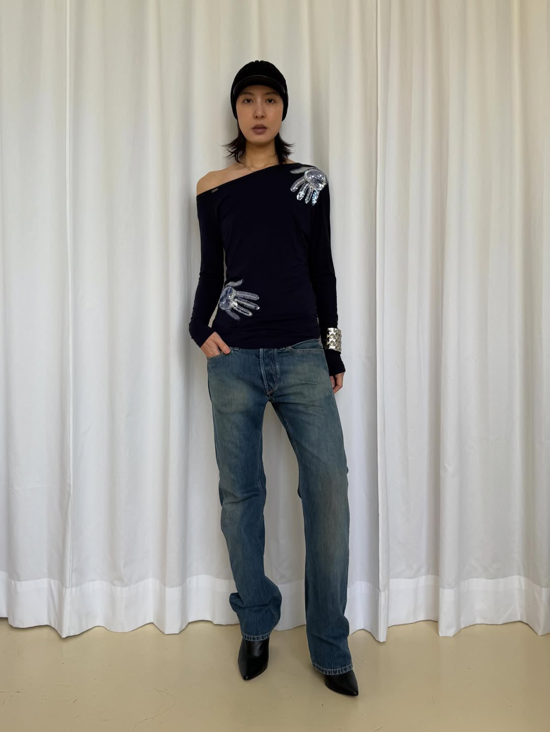 Denny Rose Navy Sequins Hands Top