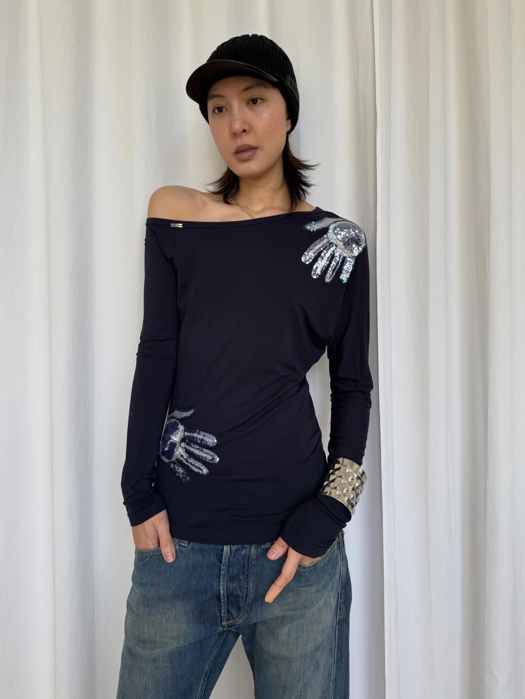 Denny Rose Navy Sequins Hands Top