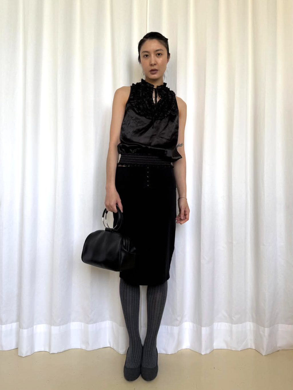 Make In Italy Black Silky Ruffle Vest