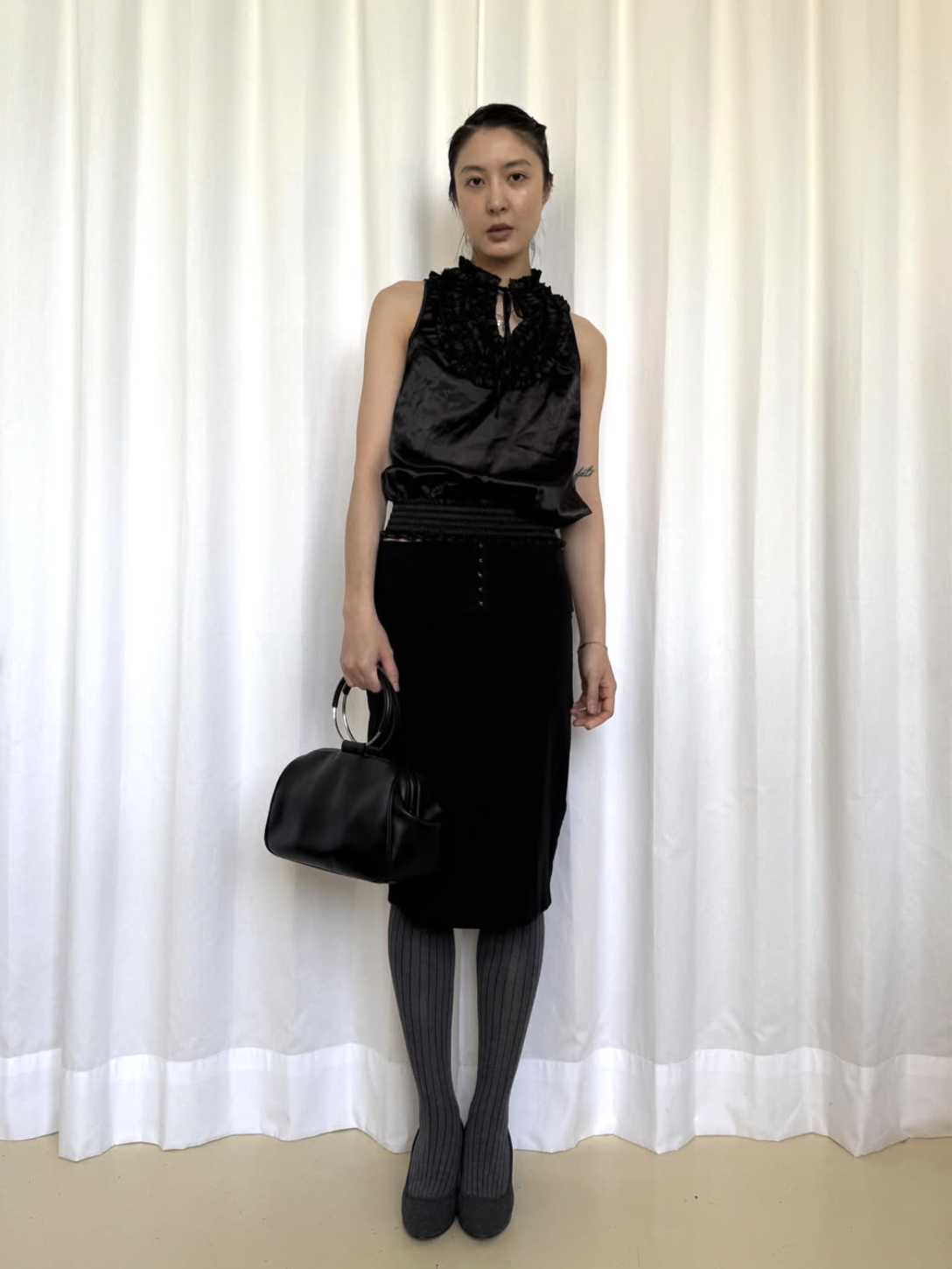 Make In Italy Black Silky Ruffle Vest