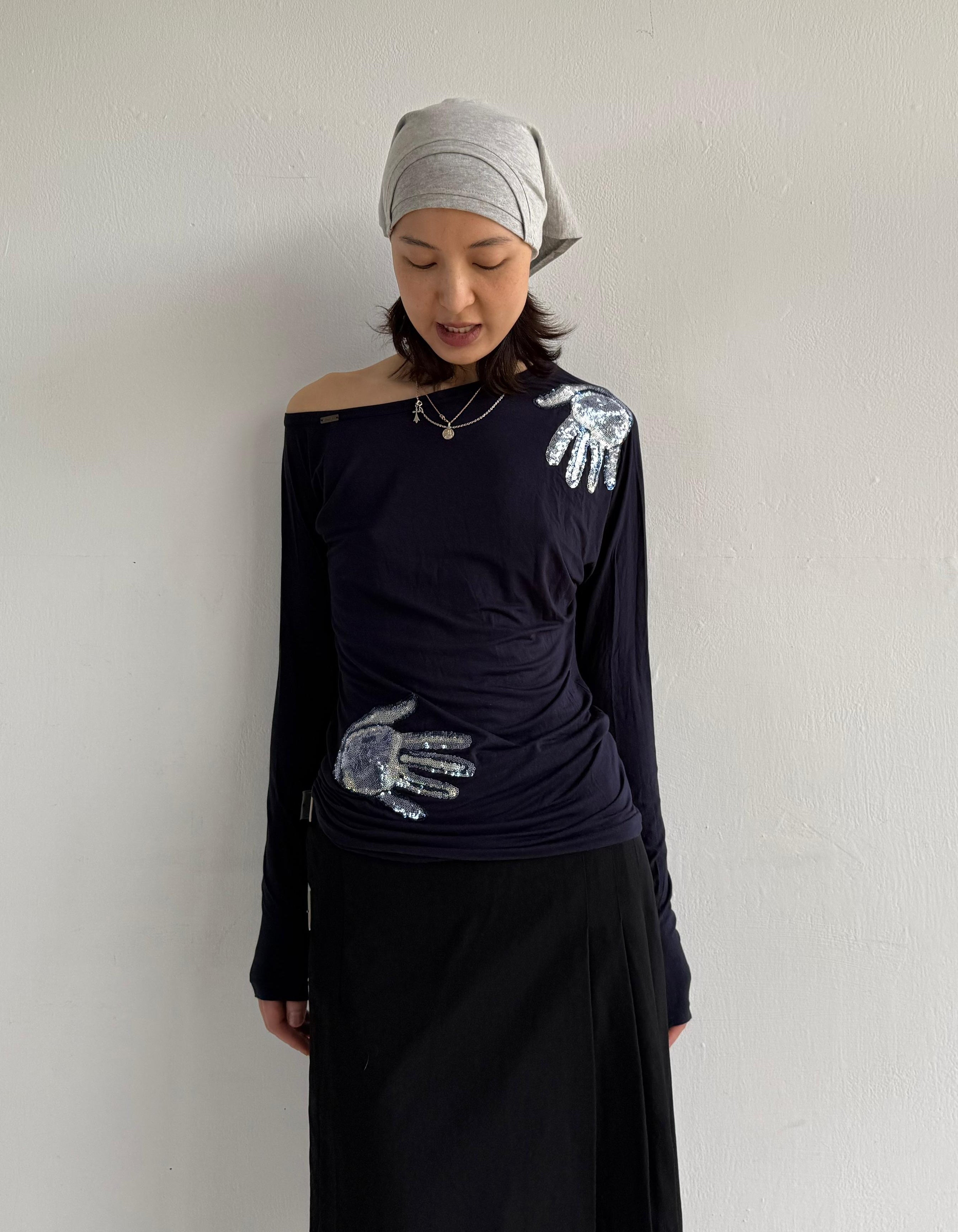 Denny Rose Navy Sequins Hands Top