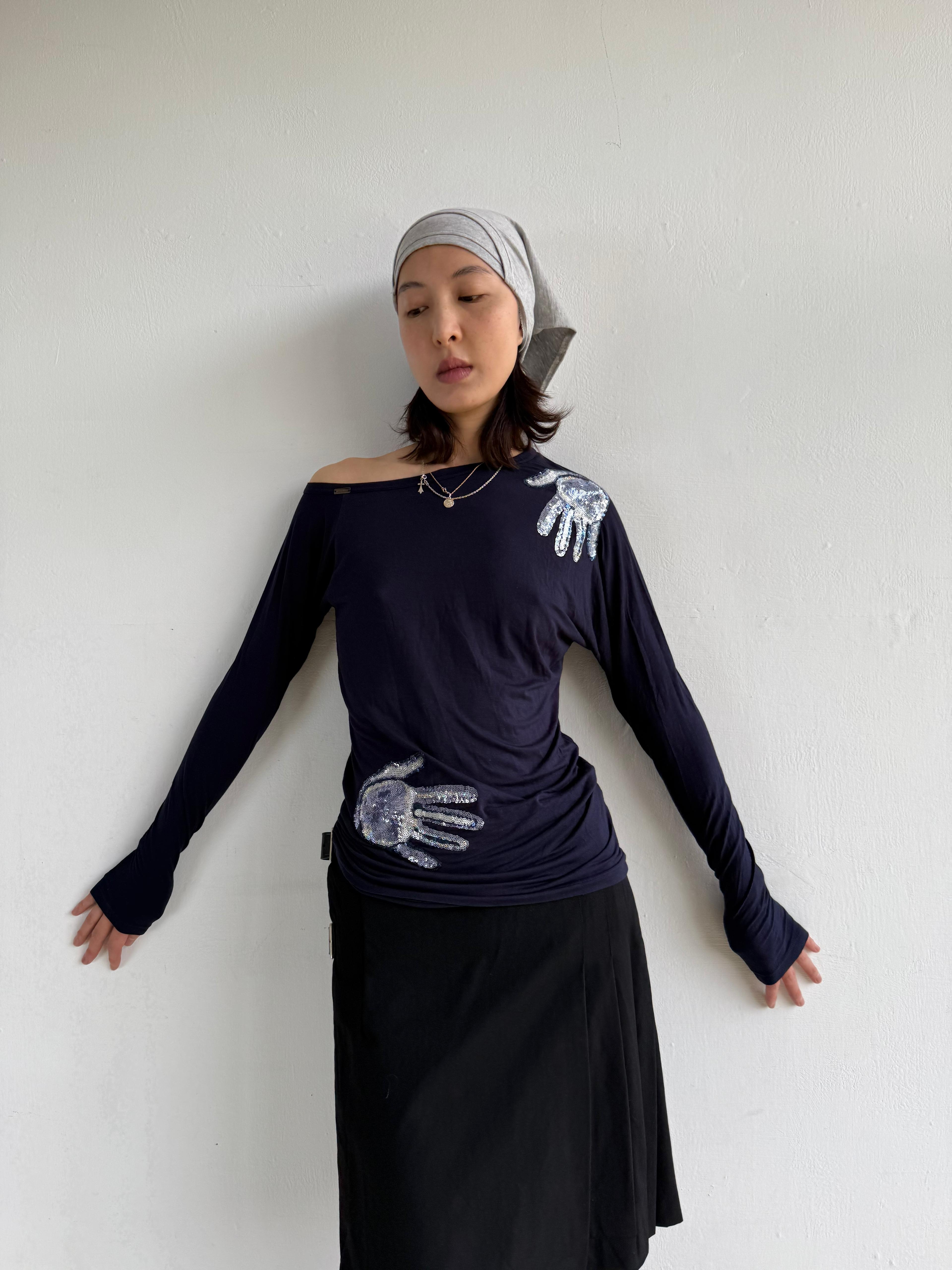 Denny Rose Navy Sequins Hands Top