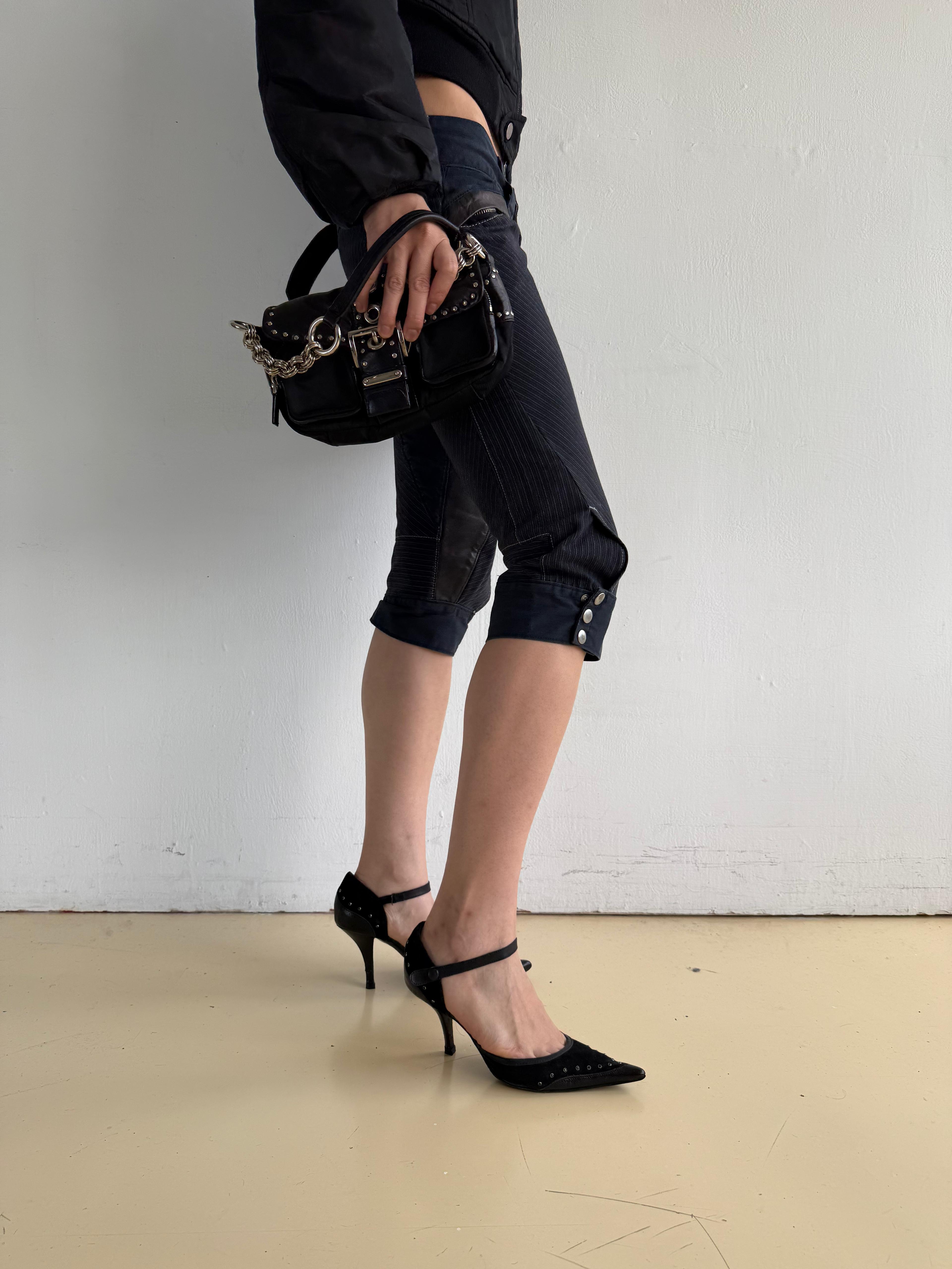 Prada Black Studded Leather/Nylon Shoulder Bag